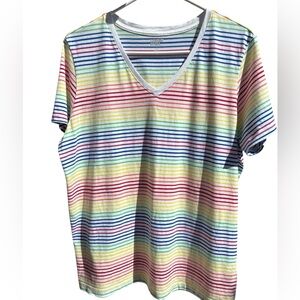 L.L. BEAN Rainbow Pride Striped 100% Cotton V-Neck Tee Size Large 14-16